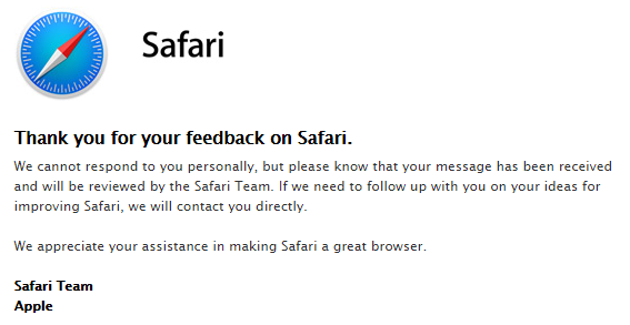Thank you note from Apple related to submitting Safari feedback